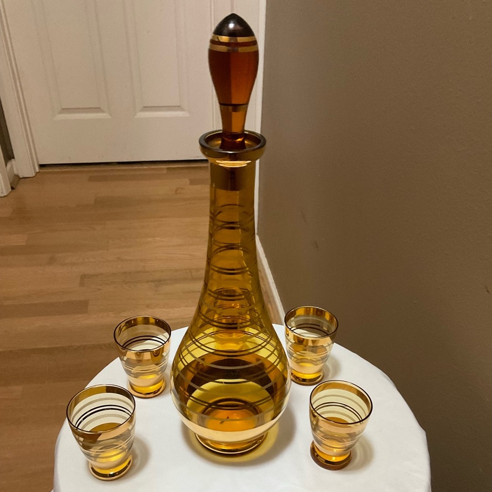 MCM Bohemia Czechoslovakia Frost Amber & Gold Toned with 5 Cordials